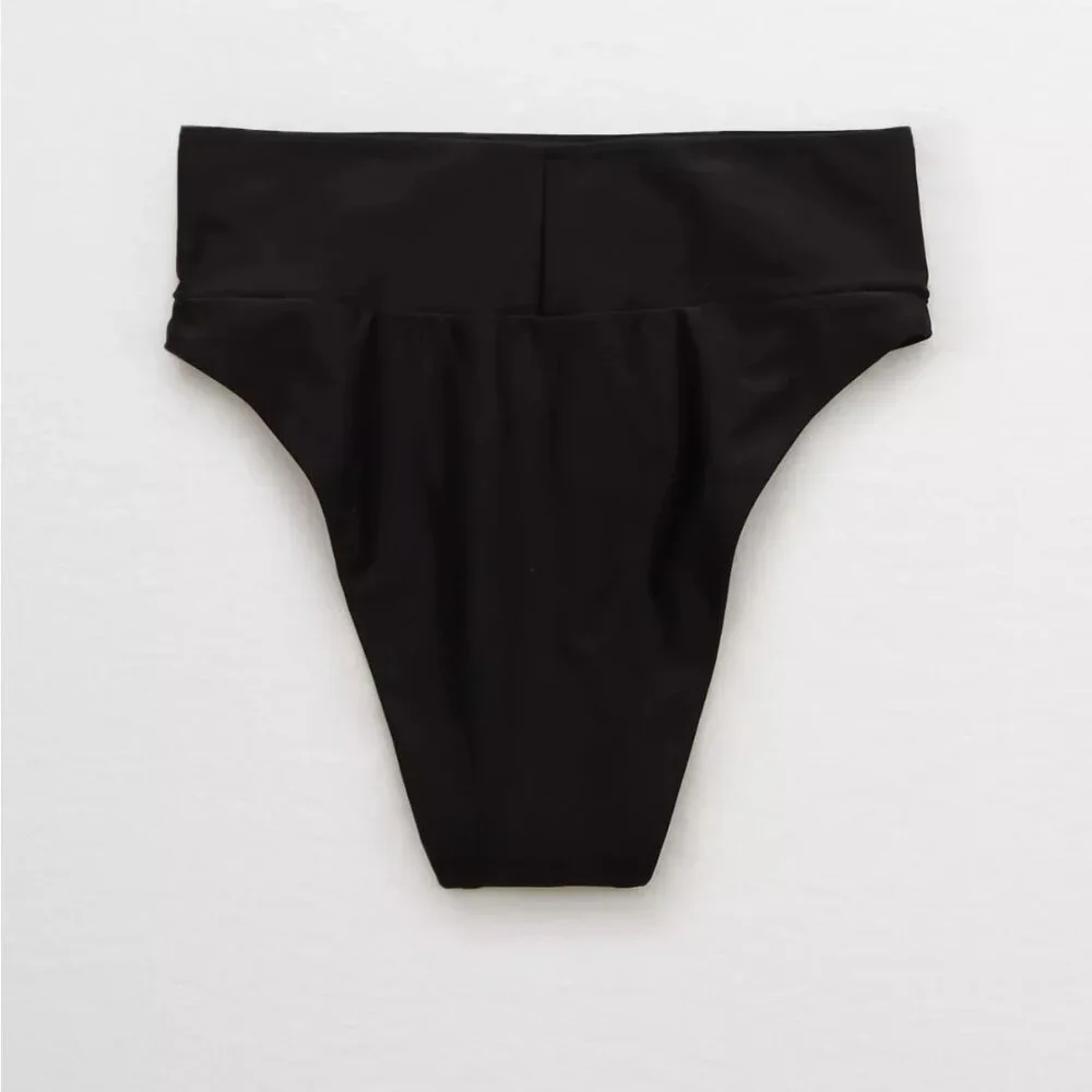 Aerie NWT High Cut Cheeky Bikini Bottom in True Black size XXS